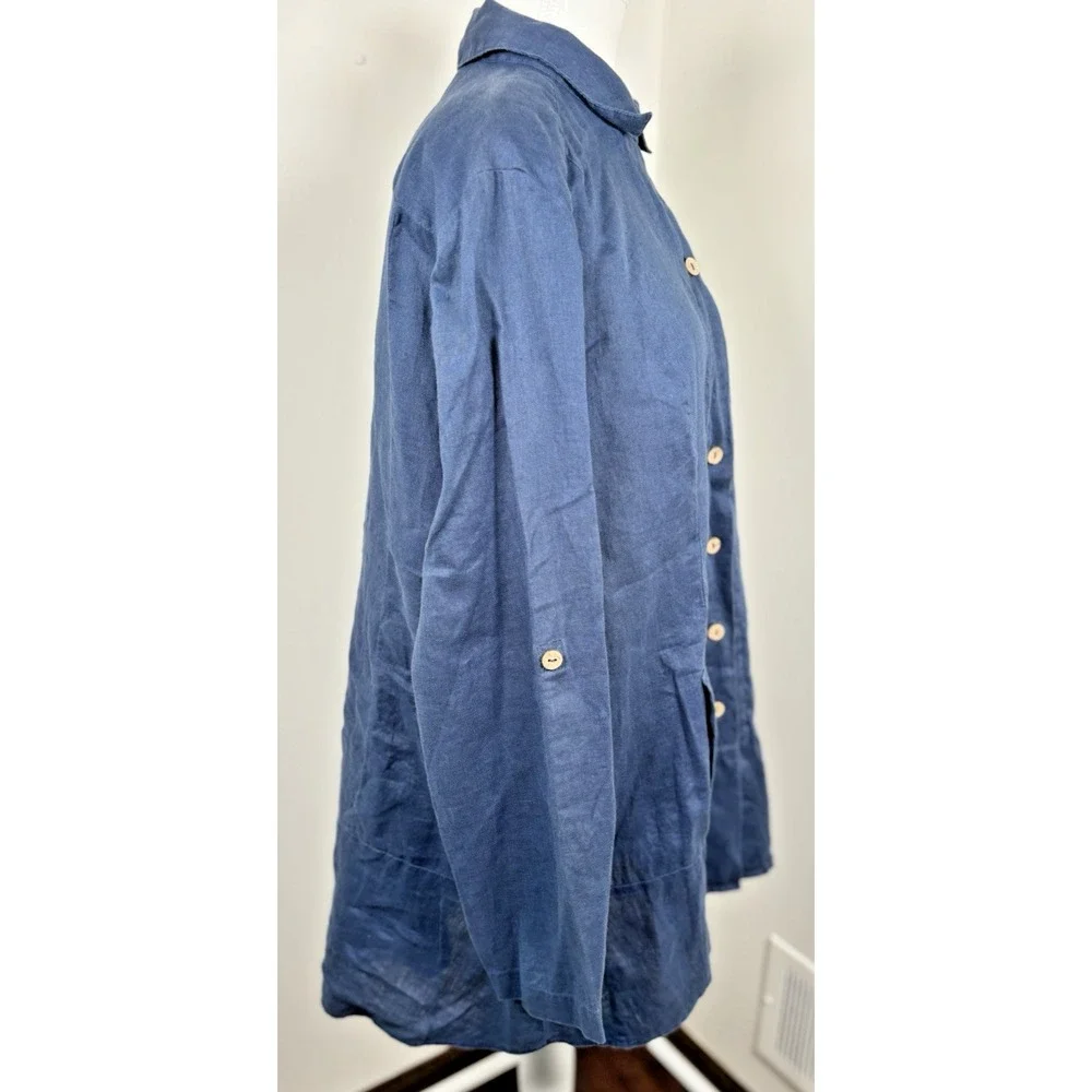 Soft Surroundings Island Breeze Linen Tunic Size L Relaxed Long Slv Pockets Blue - Picture 3 of 9